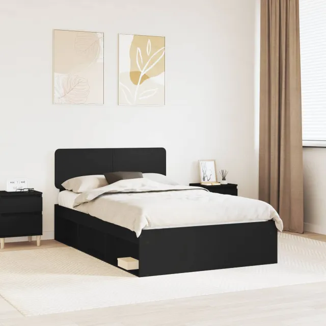 vidaXL Bedframe met hoofdeinde Zwart 135 x 190 cm Massief grenenhout