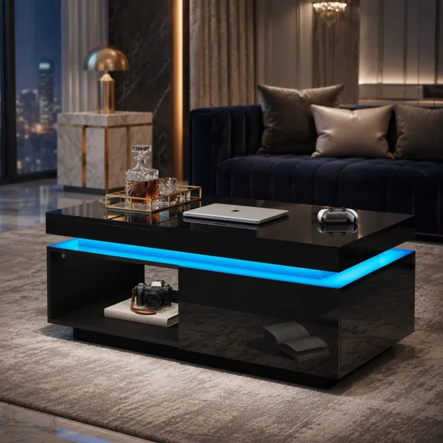 Maisentiel Salontafel 100 x 50 x 40,3 cm met LED-verlichting en lade – spaanplaat zwart