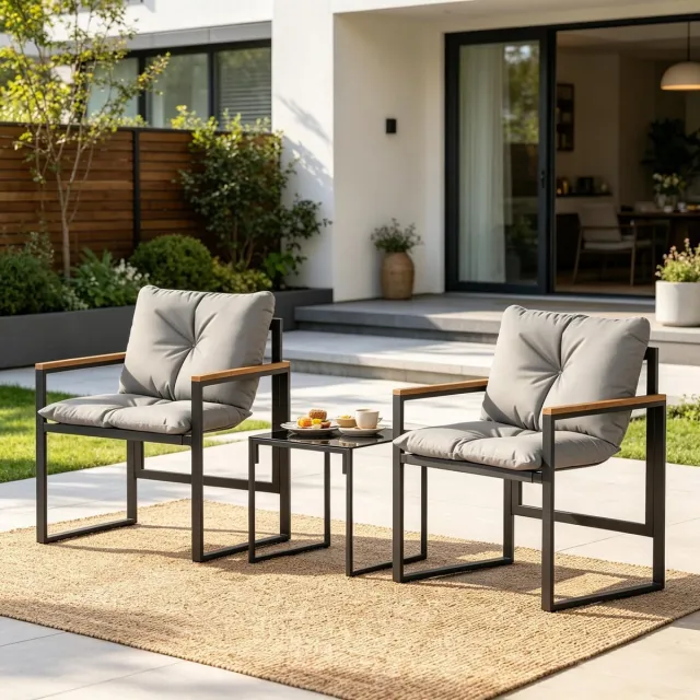 MIVRAY Loungeset Voor 2 Personen - Tuinstoelen Met Tafel En Kussens - Voor Balkon, Terras En Tuin - Metaal, Textileen En Glas - Zwart Grijs Zwart + Grijs