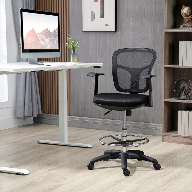 MEUNIQ ergonomische bureaustoel 59 x 59 x 95-115 cm met netrugleuning, lendensteun, armleuningen, verstelbare zithoogte en voetsteun voor kantoor of thuiswerk Zwart