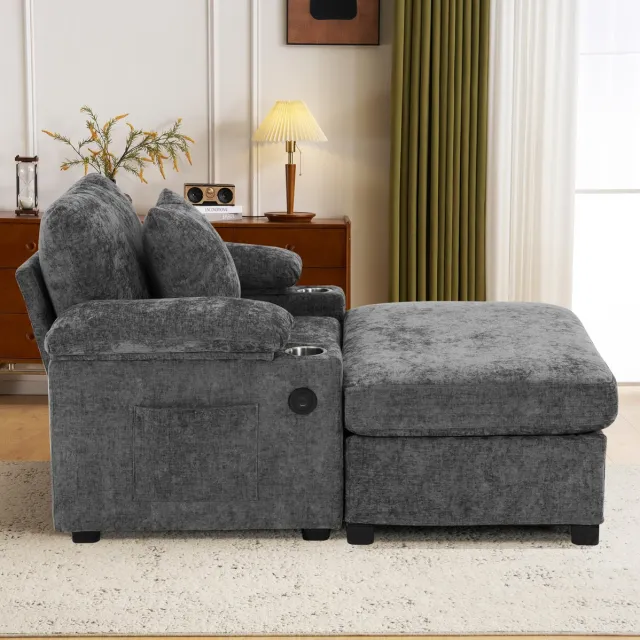 HAUSS SPOLE Chaise Longue - Loungestoel Met Voetenbank - USB-Oplaadfunctie En Bekerhouders - Voor Woonkamer En Kantoor - Chenille Donkergrijs