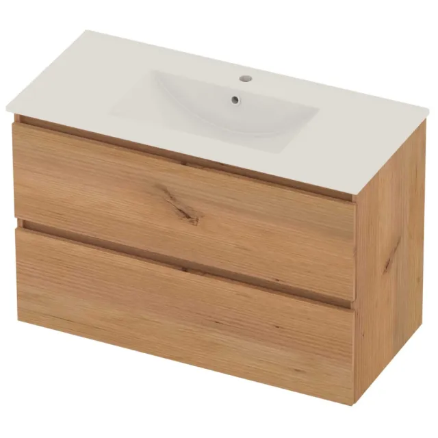 Basic-Line Coach 46 Badmeubelset Porselein 1 Kraangat Greeploos 100x46x62 cm Whisky Oak Glans Wit