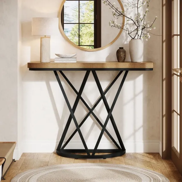 Tribesigns Consoletafel - Sidetable - 105 x 30 x 80 cm - Smalle Consoletafel met geometrisch metalen frame - Haltafel - bruin - Industrieel - Console Tafel voor Hal, Woonkamer, Entree