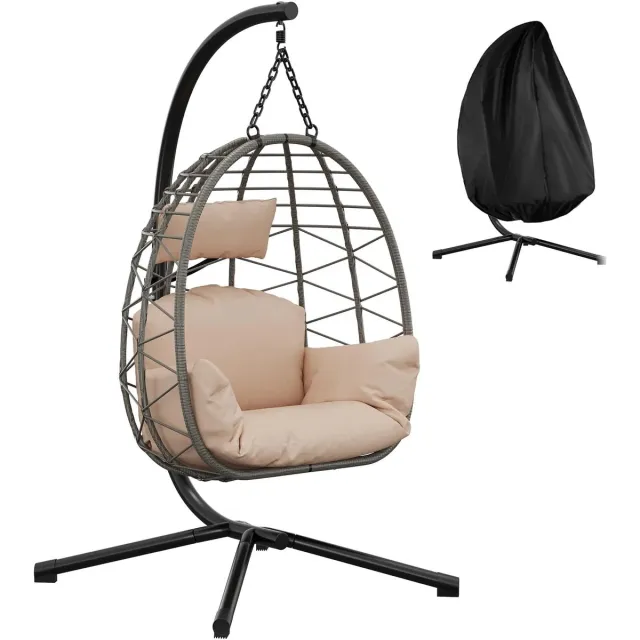 Turold Fauteuil - Loungeset - Tuinstoel - Loungestoel - Hangende Eierstoel, Verstelbare hoogte, Binnen/Buiten en Kussen, Beige