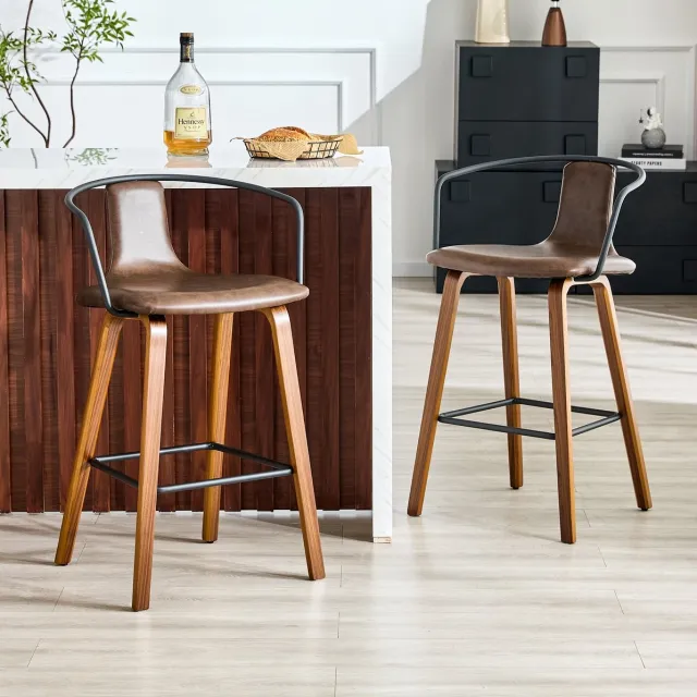 OKWISH Barkruk - Set Van 2 Met Armleuningen En Rugleuning - Scandinavisch Design Voor Keukeneiland En Bartafel - Hout En Kunstleer - Bruin