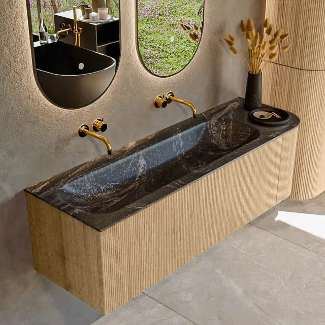 Mondiaz KURVE-DLUX 145 cm Onderkast Greeploos 1 Lade Met Deuren Oak, Wastafel Solid Surface Links Lava 0 Kraangaten Zonder Spiegel (KRVBGL145R1L1D0KL-Oak/Lav)