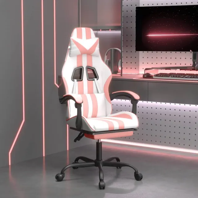 vidaXL Gamestoel draaibaar met voetensteun kunstleer wit en roze, foto 2