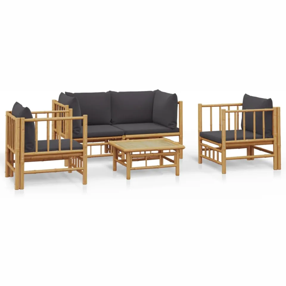vidaXL 5-delige Loungeset met kussens bamboe donkergrijs Bruin