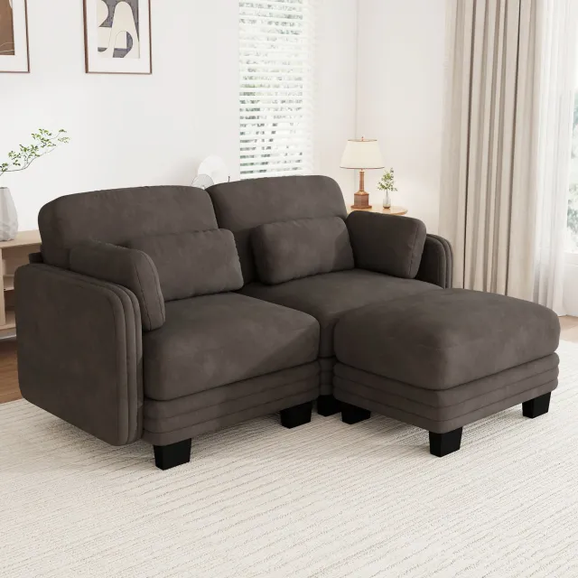 MIVRAY Hoekbank 176 x 143 x 88 cm - Modulaire 2-Zitsbank Met Voetenbank en Verplaatsbare Kussens - Voor Woonkamer - Chenille Bruin Donkergrijs