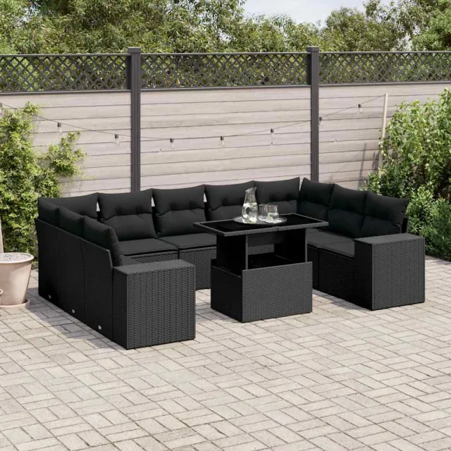 vidaXL 10-delige Loungeset met kussens poly rattan zwart, foto 2