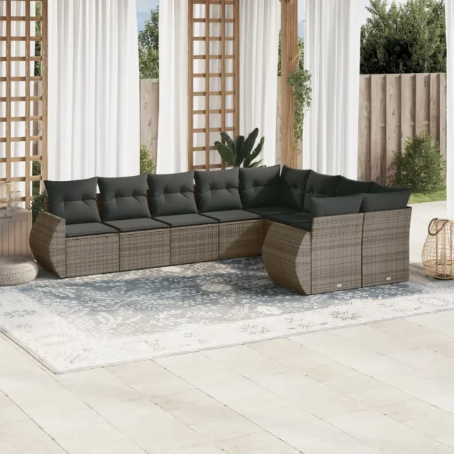 vidaXL 9-delige Loungeset met kussens poly rattan grijs, foto 2