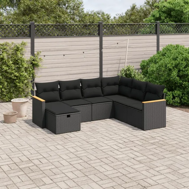 vidaXL 7-delige Loungeset met kussens poly rattan zwart, foto 2
