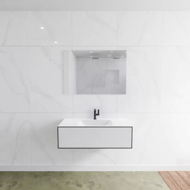 Mondiaz Badkamermeubelset Mondiaz LAGOM 100 cm met Gecentreerde Wastafel Solid Surface Met 1 Kraangat Mat Wit (1 lade)