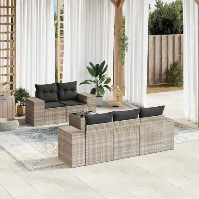 vidaXL 6-delige Loungeset met kussens poly rattan lichtgrijs grijs