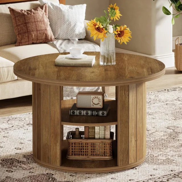 Tribesigns Ronde Salontafel - Salontafel met Opbergplank - Bijzettafel Bruin - Kleine Houten Bijzettafel voor Woonkamer, Thuiskantoor - 80 x 80 x 50cm
