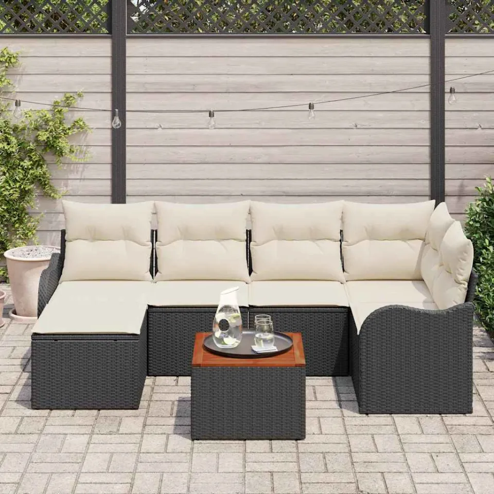 vidaXL Tuinbankenset 7 st Zwart en Crème poly rattan, foto 3