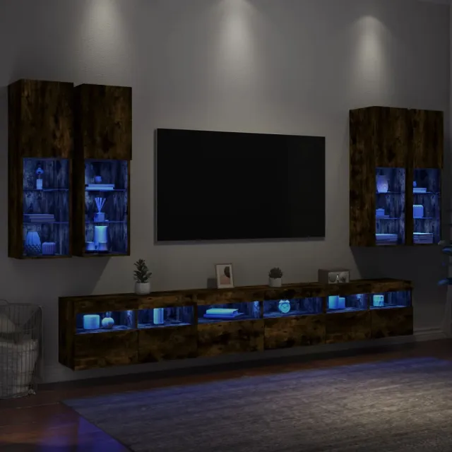 vidaXL 7-delige Tv-wandmeubelset met LED-verlichting gerookt eiken Bruin
