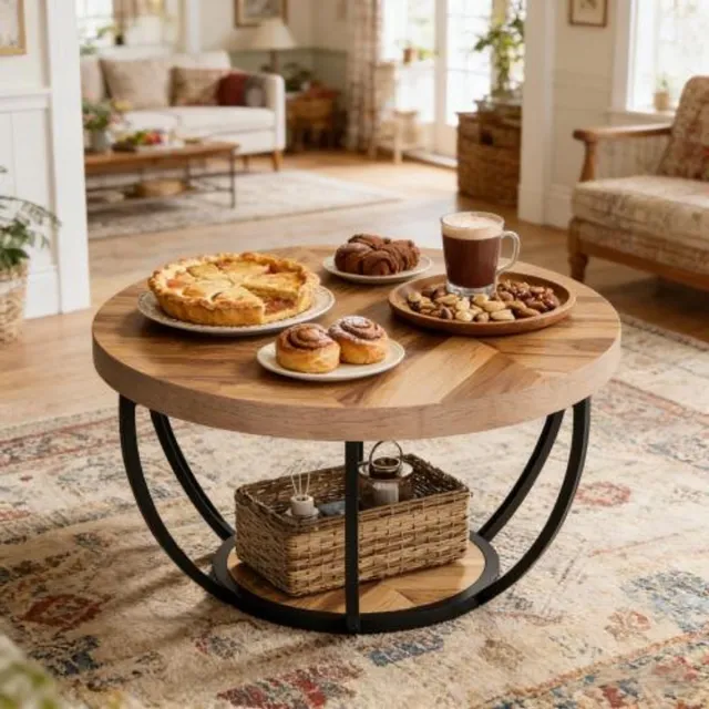 MIVRAY Salontafel - Ronde 2-Laagse Koffietafel Met Open Opbergplank - Modern Voor Woonkamer Of Ontvangstruimte - Hout En Metaal - Houtkleur Wood
