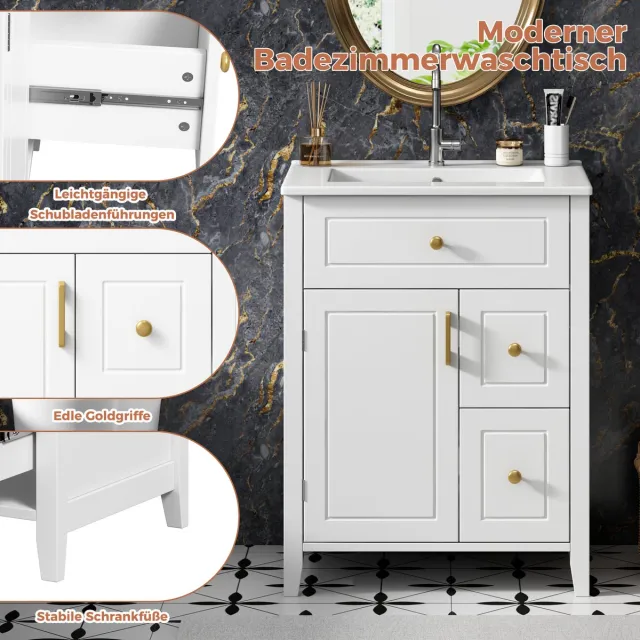 OKWISH Badkamermeubel - Vrijstaand - 61 Cm - Wit Hoogglans - Keramische Wastafel - Gouden Handgrepen - Soft-Close - Met Opbergruimte