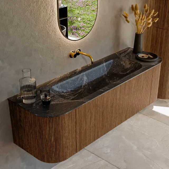 Mondiaz KURVE-DLUX 150 cm Onderkast Greeploos 1 Lade Met Deuren Walnut, Wastafel Solid Surface Midden Lava 1 Kraangat Zonder Spiegel (KRVBGM150L+R1L2D1KM-Wal/Lav)