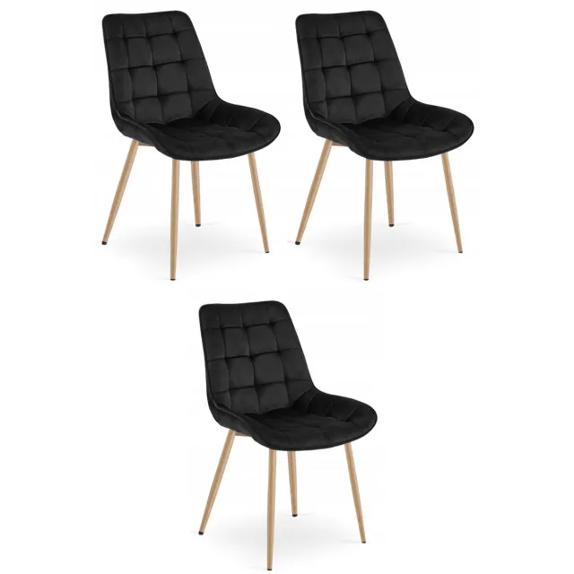 LEOBERT Set van 3 Eetkamerstoelen BERA – Zwart Velvet / Fluweel – Gestoffeerde Zitting – Metalen Poten in Eikenlook – Modern Scandinavisch Design – Voor Eetkamer, Keuken en Woonkamer