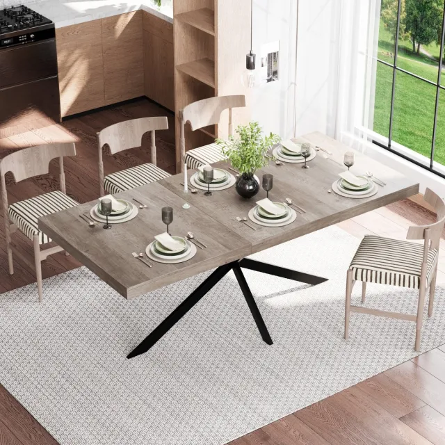 FloraGrace Eettafel - Uitschuifbaar Met Verborgen Opbergruimte - Voor Eetkamer Keuken En Woonkamer - MDF En Metaal - 140-180x80x76 Cm - Grijs Rustiek Bruin