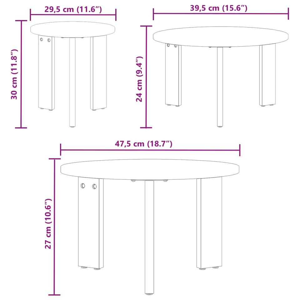 vidaXL Salontafel 3 st Wit 47,5 x 47,5 x 27 cm Massief grenenhout, foto 2
