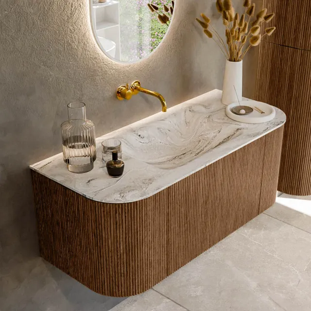 Mondiaz KURVE-DLUX 110 cm Onderkast Greeploos 1 Lade Met Deuren Walnut, Wastafel Solid Surface Midden Glace 0 Kraangaten Zonder Spiegel (KRVCLO110L+R1L2D0KM-Wal/Gla)