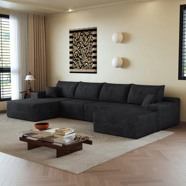 COVREO Hoekbank met chaise longue – 340x175x83 cm – Modulaire sofa met schuimvulling – Zitbank voor 5 personen – Zwart