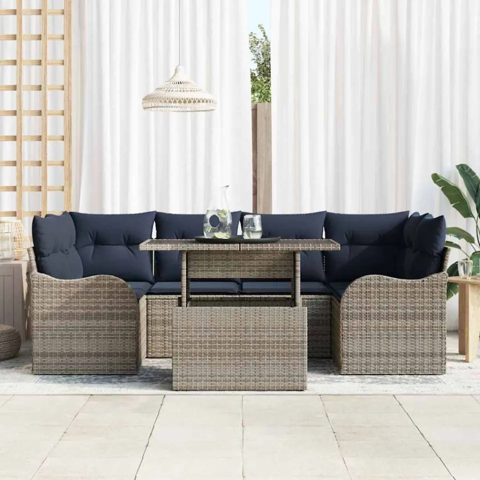 vidaXL Tuin Sofa Set 7 st Grijs en Marineblauw poly rattan, foto 2