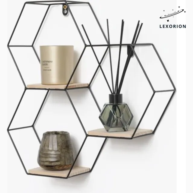 Lexorion Zwart Industrieel Metalen Wandrek met 3 Houten Planken - Driedubbel Zeshoekig Design - Decoratieve Wandplank voor Woonkamer, Slaapkamer en Hal - 40,5 x 41 cm