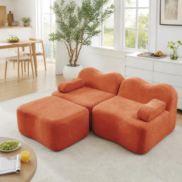 MEUNIQ Hoekbank 2-zits L-vormig modulair met 1 ottoman, boneless ontwerp, zachte velvet bekleding en oranje kleur voor woonkamer of appartement