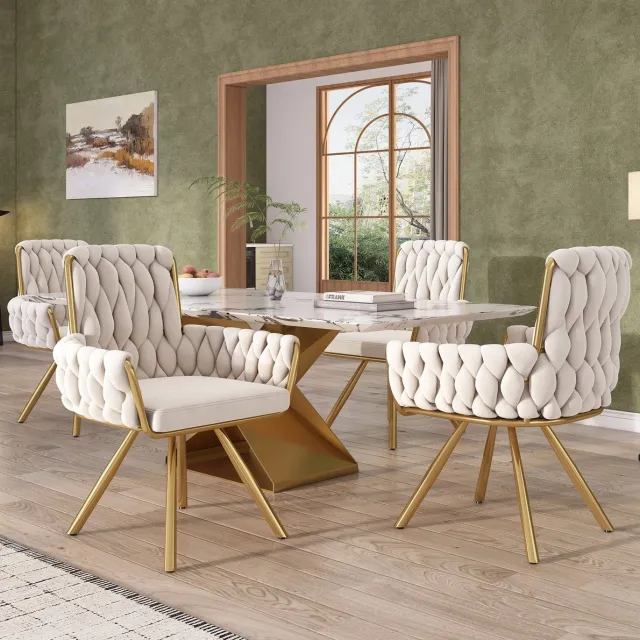 HAUSS SPOLE Eetkamerstoel Set van 4 – Draaibare Samt Stoel Met Armleuningen En Hoge Rugleuning – Voor Eetkamer En Woonkamer – Beige
