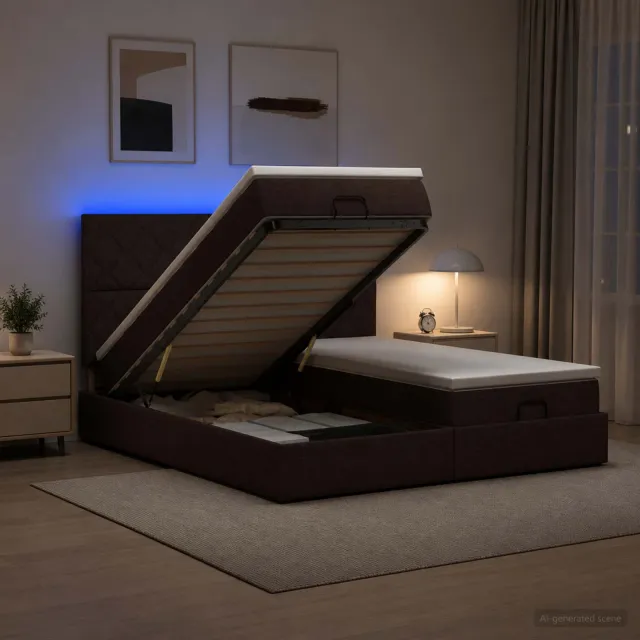 vidaXL Ottoman Bed met Matrassen en LED Donkerbruin 200 x 200 cm Stof