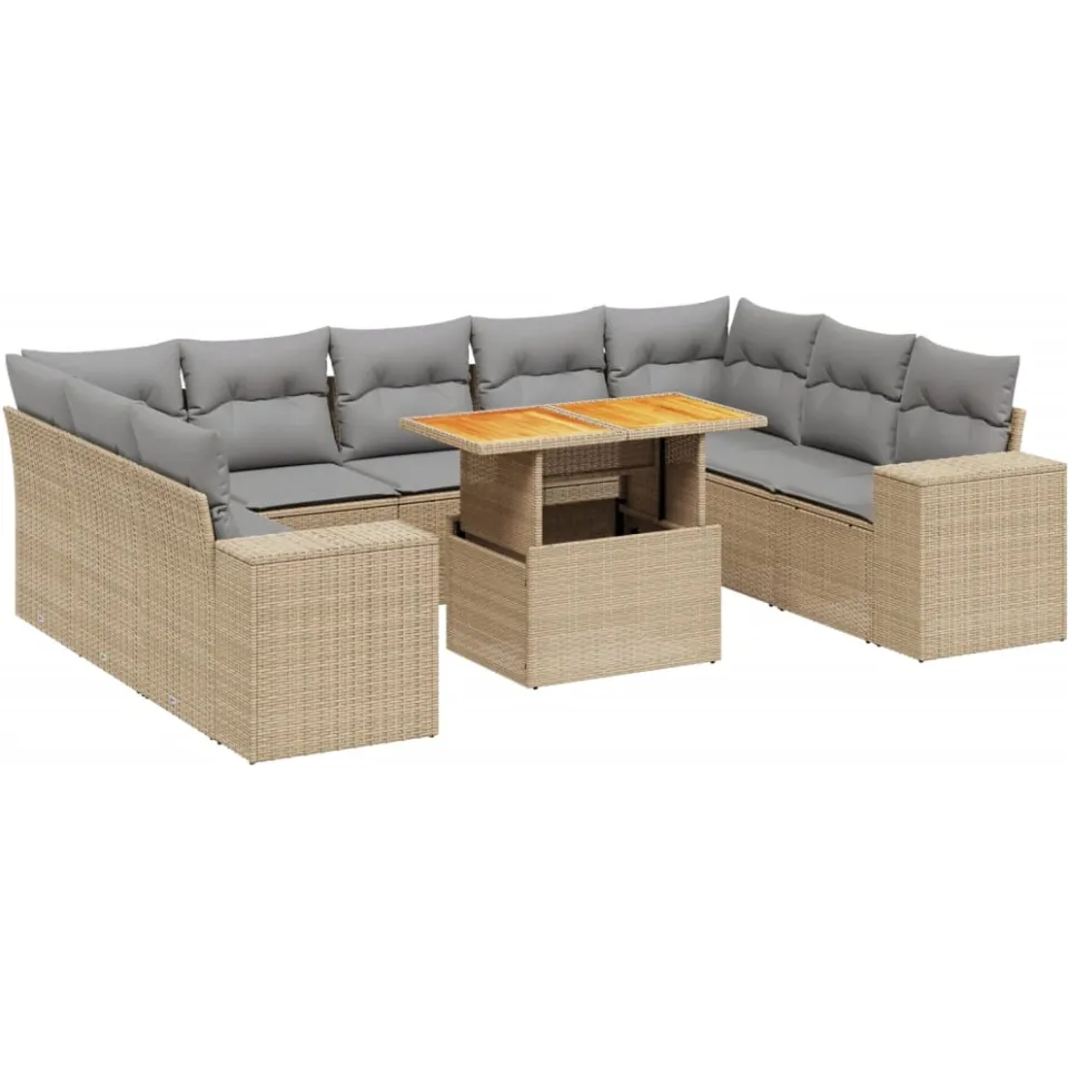 vidaXL 10-delige Loungeset met kussens poly rattan beige, foto 3