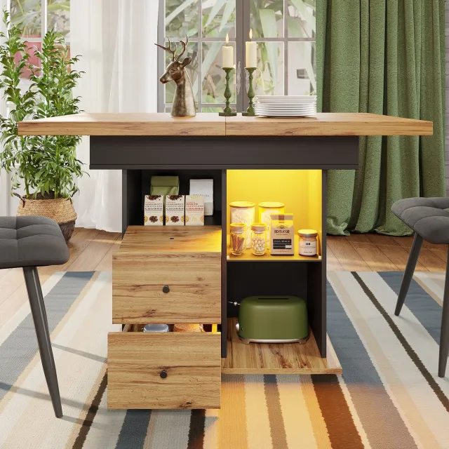 Maisentiel Uitschuifbare eettafel met LED en opbergruimte - 110-140 x 80 cm - zwart/naturel