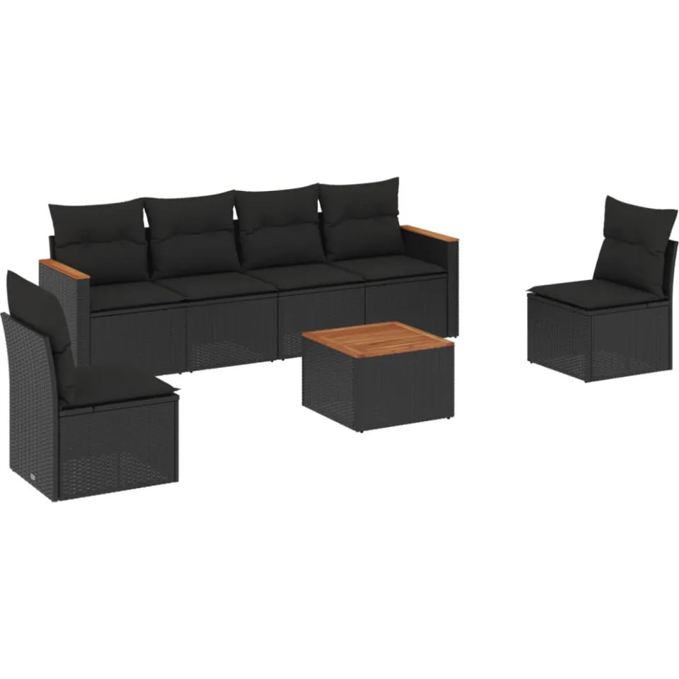 vidaXL 7-delige Loungeset met kussens poly rattan zwart, foto 3