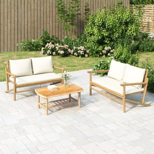 vidaXL 3-delige Loungeset met kussens bamboe crèmewit, foto 2