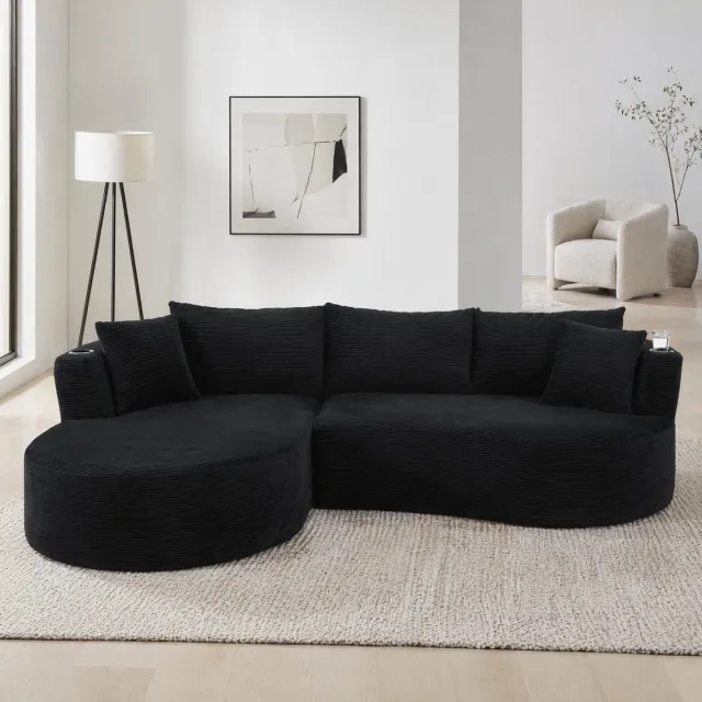MEUNIQ 3-zits hoekbank met linker chaise longue, bekerhouders en kussens, 264 x 168 x 76 cm, corduroystof, vacuümverpakt, zwart