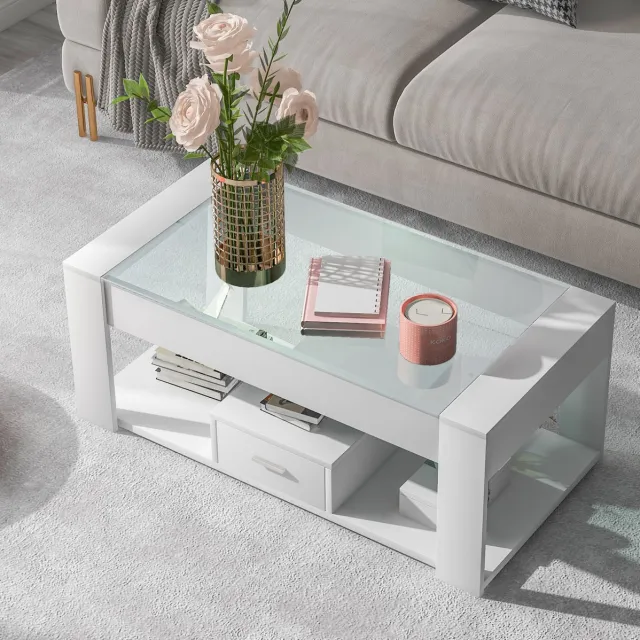 MODENUIT Salontafel - Glazen Tafelblad Met Lade En Opbergruimte - Voor Woonkamer - Wit - 100x50x40 Cm