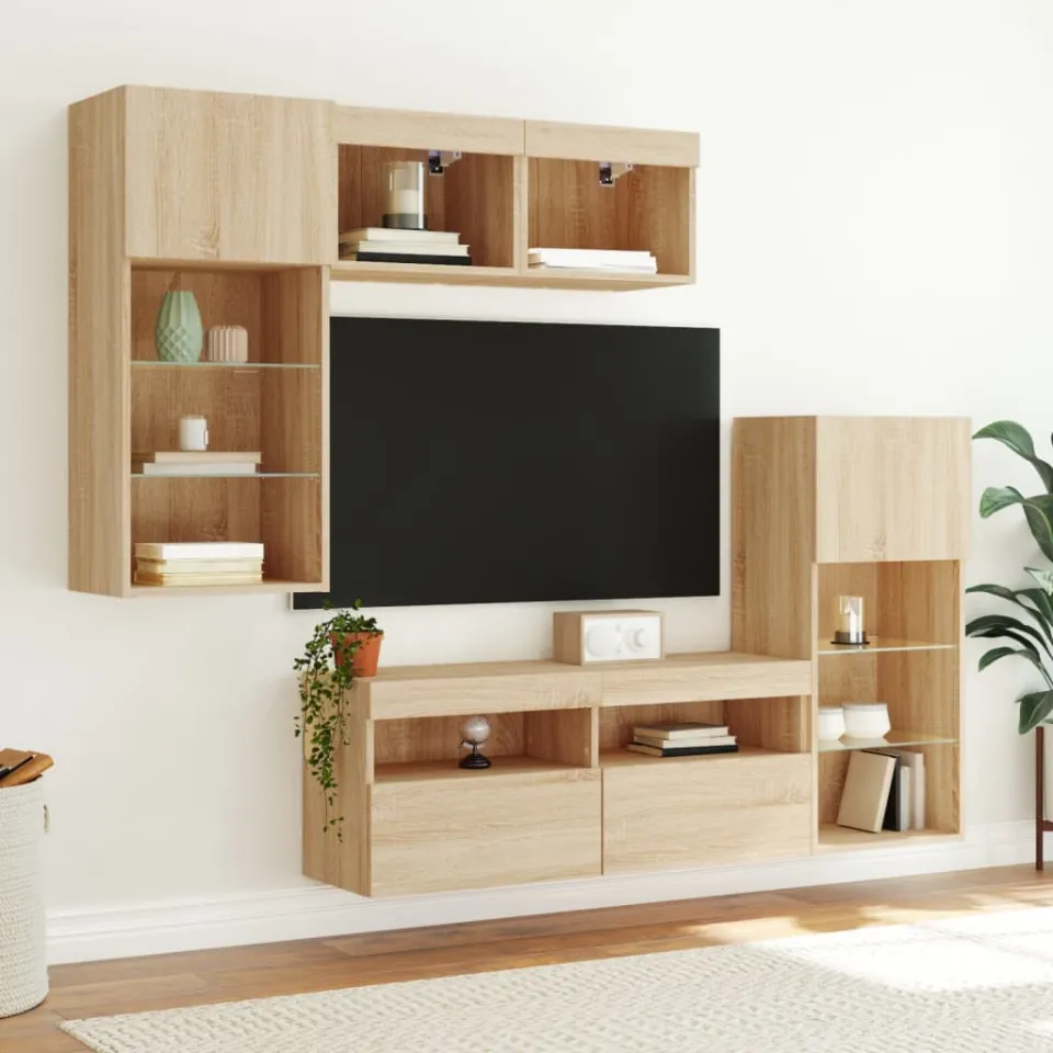 vidaXL 5-delige Tv-wandmeubelset met LED bewerkt hout sonoma eiken, foto 2