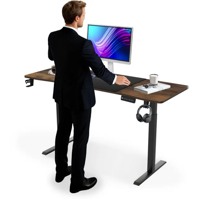 ACXIN Elektrisch Verstelbaar Bureau met Type-C Laadpoort - Zit Sta Bureau met Memoryfunctie - Bekerhouder en Koptelefoonhaak - 140x60cm - Vintagebruin