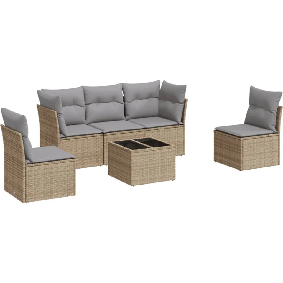 vidaXL 6-delige Loungeset met kussens poly rattan beige