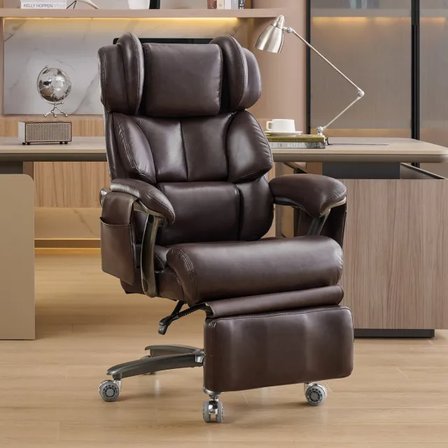 OKWISH Bureaustoel - Ergonomisch Met Massage, Verwarming En Uitschuifbare Voetsteun - Draaibaar En Verstelbaar - Kunstleer - Bruin