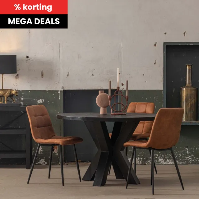 Mahom Mangohouten Eettafel Madison Black Rond Ø 140 Mahom Industrieel - Dinertafel van Mangohout & Metaal - Industriële Eettafel Bruin