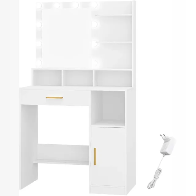 Happiq Dressing Table – Voor Slaapkamer en Make-up – Kaptafel met Spiegel, 10 LED-Lampen, 3 Planken, 4 Open Vakken en Grote Lade – Wit White