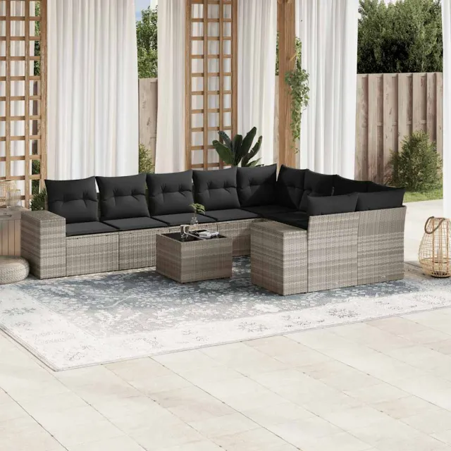 vidaXL 10-delige Loungeset met kussens poly rattan lichtgrijs grijs, foto 2