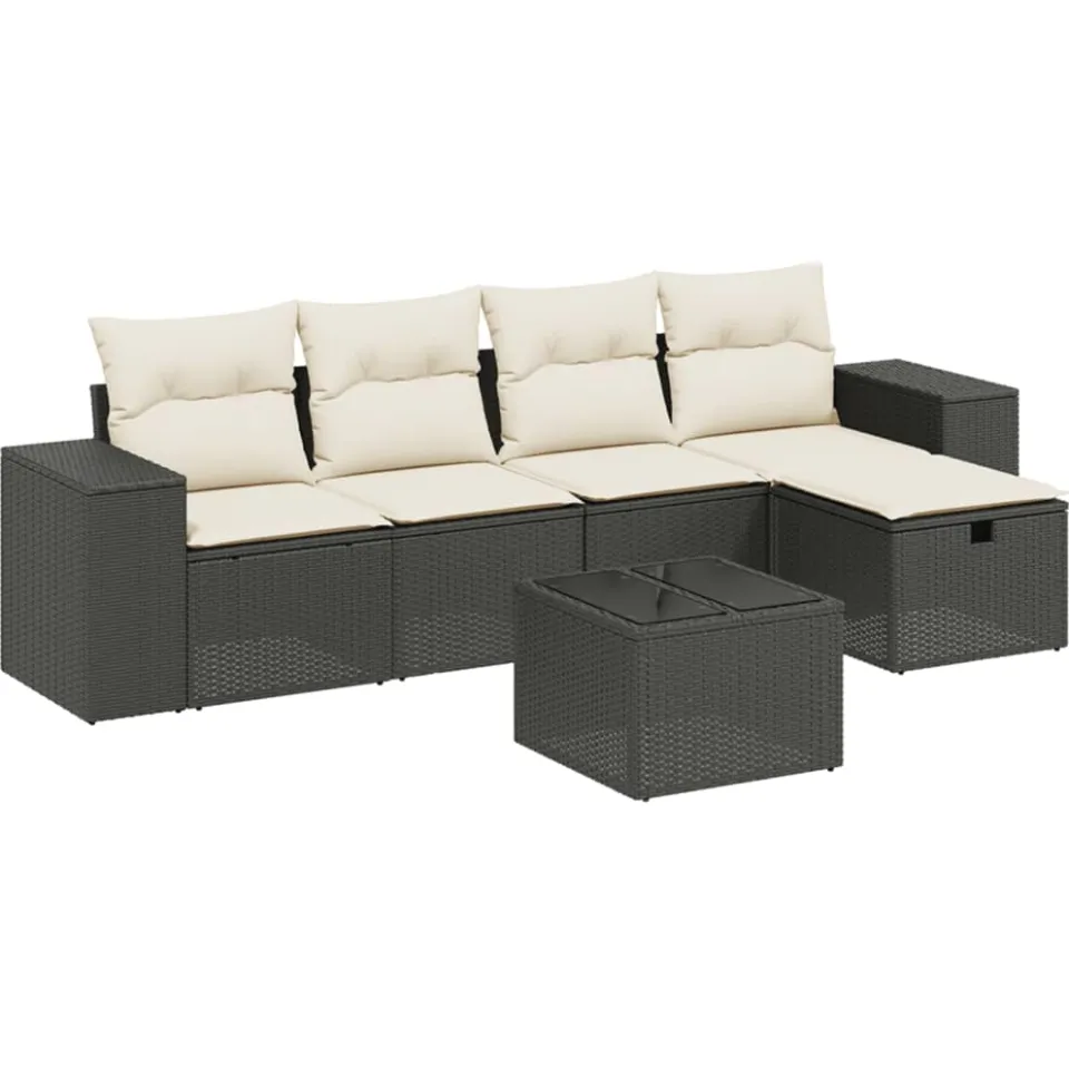 vidaXL 6-delige Loungeset met kussens poly rattan zwart