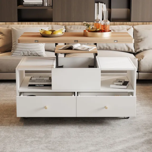 MODFU Salontafel 100x50x47,5 cm van MDF met walnoothouten blad, verstelbaar hef- en klapfunctie en 4 lades Natuurlijk