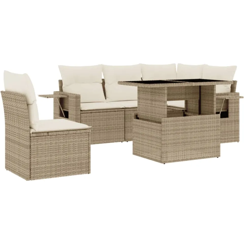 vidaXL 6-delige Loungeset met kussens poly rattan beige, foto 3